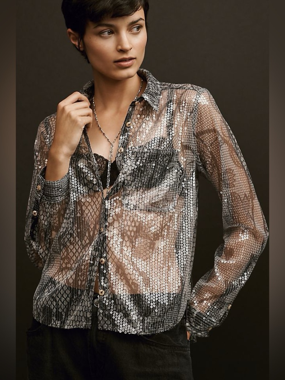 Anthropologie Pilcro Shrunken Sequin Buttondown Shirt Size Large